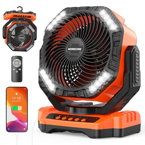 MORECORE 68HRS Running Camping Fan with Light, 20000mAh Battery Rechargeable, Powerful 4 Speeds & Auto Oscillating, with Timer & Hook, for Travel Tent RV Emergency Hurricane Jobsite Garage-Orange