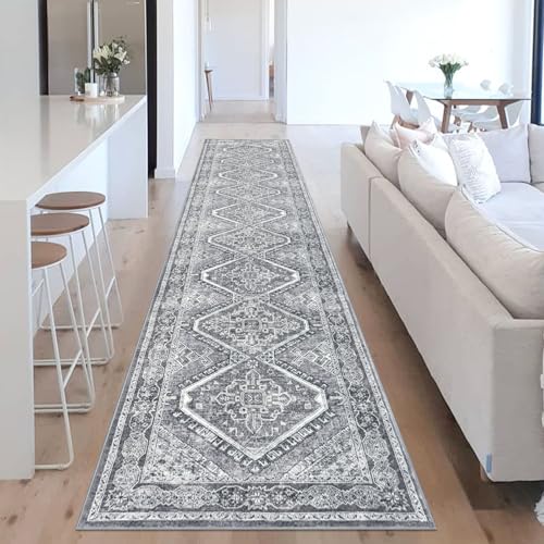 KUTA Medallion Washable Runner Rug 2.6x14, Non-Slip Hallway Kitchen Runners Grey with Rubber Backing, Ultra Soft Printed Distressed Oriental Vintage Extra Long 14ft Stairs Carpet Rugs