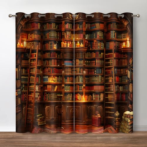 Jekeno Vintage Bookshelf Blackout Curtains Library Books Bookcase Ladder Candle Decor Shading Drapes for Bedroom Study Classroom Living Room Darkening Grommet Window Drapes 2 Panel Set, 42"x54"