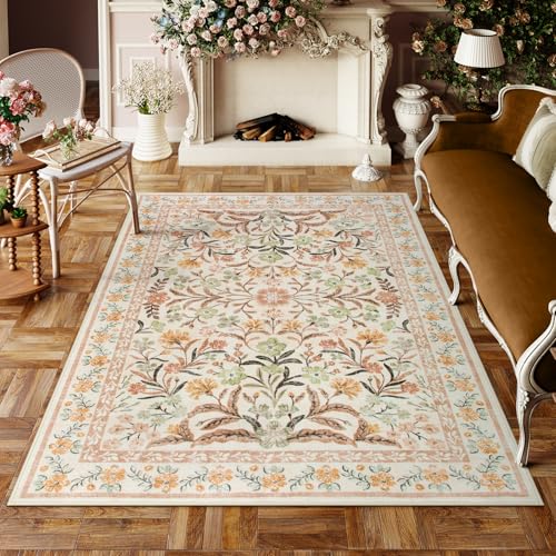 Lahome Fall Boho Washable Area Rugs 5x7 for Bedroom, Bohemian Brown Rugs for Living Room, Soft Floral Thin Carpet for Kids Room Apartment Dorm Home Decor, Ochre Fall