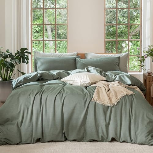 MooMee Bedding Duvet Cover Set 100% Washed Cotton Linen Like Textured Breathable Durable Soft Comfy (Heathered Green, Full 80"x90")