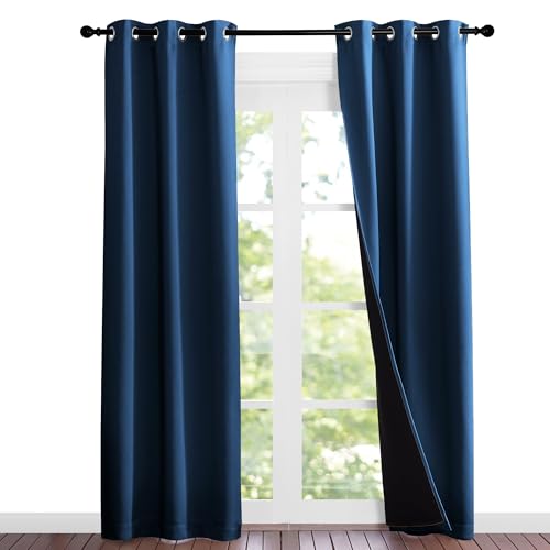 NICETOWN 100% Blackout Short Curtains with Black Liners, Solid Thermal Insulated Full Blackout 2-Layer Lined Drapes, Energy Efficiency Window Drapes for Bedroom (2 Panels, 37" W by 84" L, Moroccan Blue)