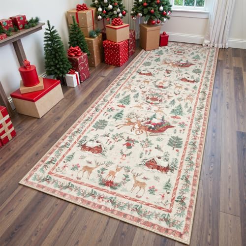 Lahome Christmas Runner Rug 2x8 Beige Rug Runners for Hallways Non Slip,Washable Kitchen Bathroom Runner Rug,Soft Christmas Tree Santa Claus Carpet Runner for Entryway Holiday Decor(2'x8',Beige)