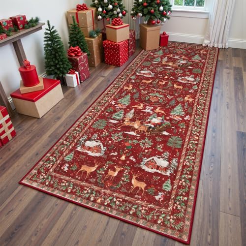 Lahome Christmas Runner - 2x8 Red Rug for Hallways, Kitchen, Bathroom - Non Slip, Washable - Soft Christmas Tree Santa Claus Carpet for Entryway, Bedside - Holiday Decor (2'x8', Red)