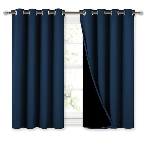 NICETOWN 100% Blackout Curtains with Black Liners, Thermal Insulated Full Blackout 2-Layer Lined Curtains, Energy Efficiency Window Draperies for Dining Room (Moroccan Blue, 2 Panels, 52" W by 45" L)