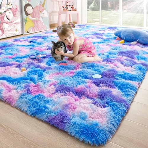 Noahas 6x9 Area Rugs for Living Room,Tie-Dyed Blue and Purple Area Rug,Big Shaggy Rugs for Bedroom,Fluffy Large Carpet,Soft Kids Rug Non Slip Reduce Noise Room Decor