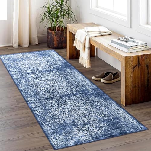 vivorug Runner Rug 2x10 Machine Washable Rug with Non-Slip Backing, Ideal for Kitchen Hallway Entryway Laundry Room - Vintage, Durable, Easy Clean, Low Pile Carpet Runner, Navy Blue