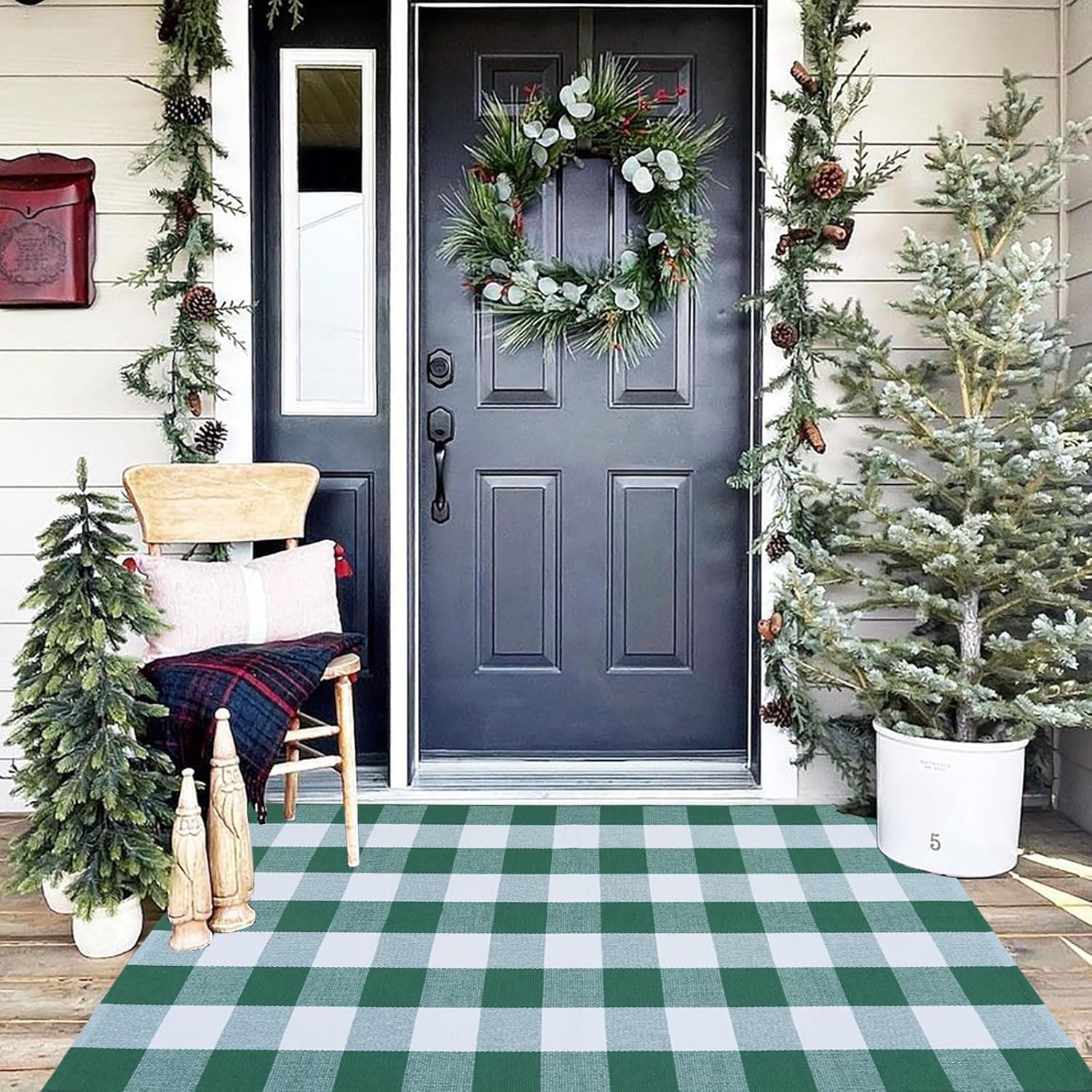 Green & White Plaid Rug, 3' x 5' Check Indoor/Outdoor Area Rug, Hello/Welcome Door Mat Layering Rug, Machine Washable Cotton Woven Rugs for Farmhouse Front Porch, Entryway