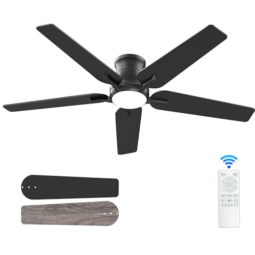 52 Inch Black Ceiling Fans with Lights and Remote, Flush Mount Low Profile Ceiling Fan for Bedroom, Living Room, Patio, Dimmable 6 Speeds Noiseless Reversible, ETL Listed