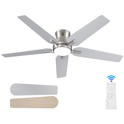 52 Inch Ceiling Fans with Lights and Remote, Brushed Nickel Flush Mount Low Profile Ceiling Fan for Bedroom, Living Room, Patio, Dimmable 6 Speeds Noiseless, ETL Listed