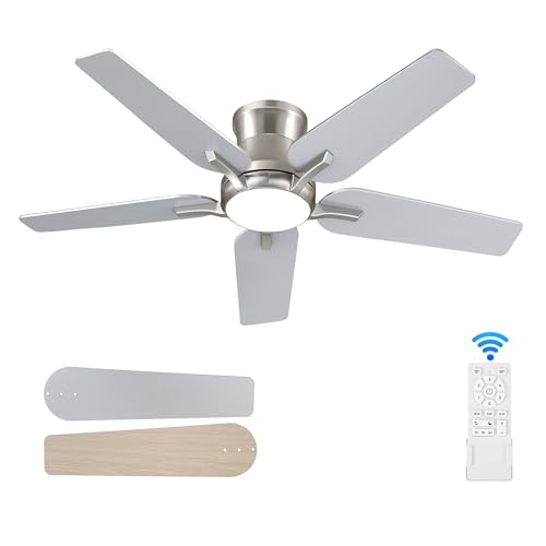 42 Inch Ceiling Fans with Lights and Remote, Brushed Nickel Flush Mount Low Profile Ceiling Fan for Bedroom, Living Room, Patio, Dimmable 6 Speeds Noiseless Reversible, ETL Listed