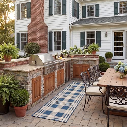 SAFAVIEH Courtyard Collection Runner Rug - 2'3" x 8', Navy & Beige, Indoor/Outdoor, Plaid Pattern, Weather Resistant & Washable, Ideal for Entryway, Patio, Kitchen, Hallway, Mudroom (CY6201-258)