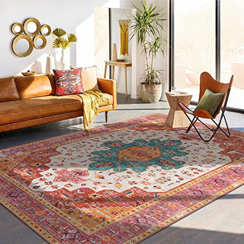 Moynesa Ultra-Thin Washable 10x14 Area Rugs for Bedroom, Pink Large Living Room Rug Non Slip, Medallion Oriental Indoor Floor Carpet for Dining Room Table Dorm Home Office Decor