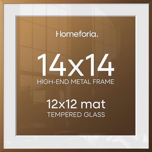 Homeforia 14x14 Picture Bronze Frame, High End Metal 14 x 14 Square Poster Frame with Mat 12 x 12 Photo, 14x14 Brass Frame Matted to 12x12 Print, 14by14 Thin Frames, Tempered Glass, Wall Kit, Set of 1