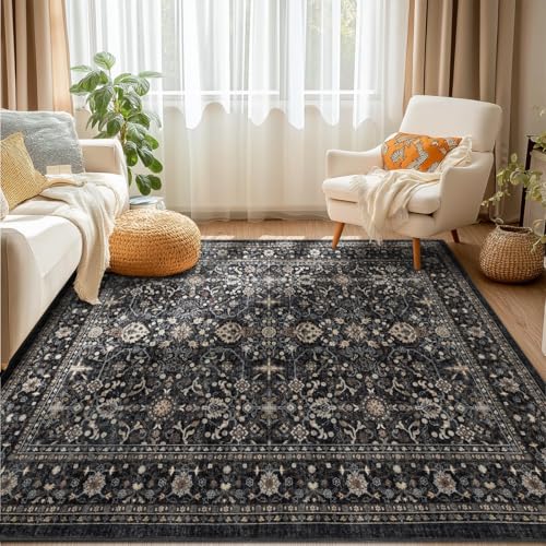 Area Rug Non Slip Machine Washable Ultra Soft Living Room/Bedroom/Kitchen/Outdoor/Classroom Black Grey, 5'7'