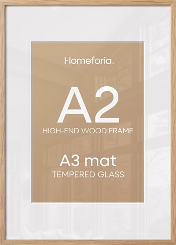 Homeforia A2 Picture Frame Natural Wood, High End Oak 16.5 x 23.4 Wooden Poster Frames Matted to 11.7 by 16.5 Photo, A2 Size Light Wood Frames with Mat A3 for Print, Tempered Glass, Wall Kit, Set of 1