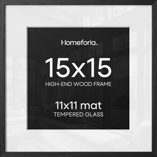 Homeforia 15x15 Black Wood Frame, High End Oak 15 x 15 Square Picture Frames with Mat 11 by 11 inches Photo, 15by15 Black Wooden Poster Frames Matted to 11x11 Print, Tempered Glass, Wall Kit, Set of 1