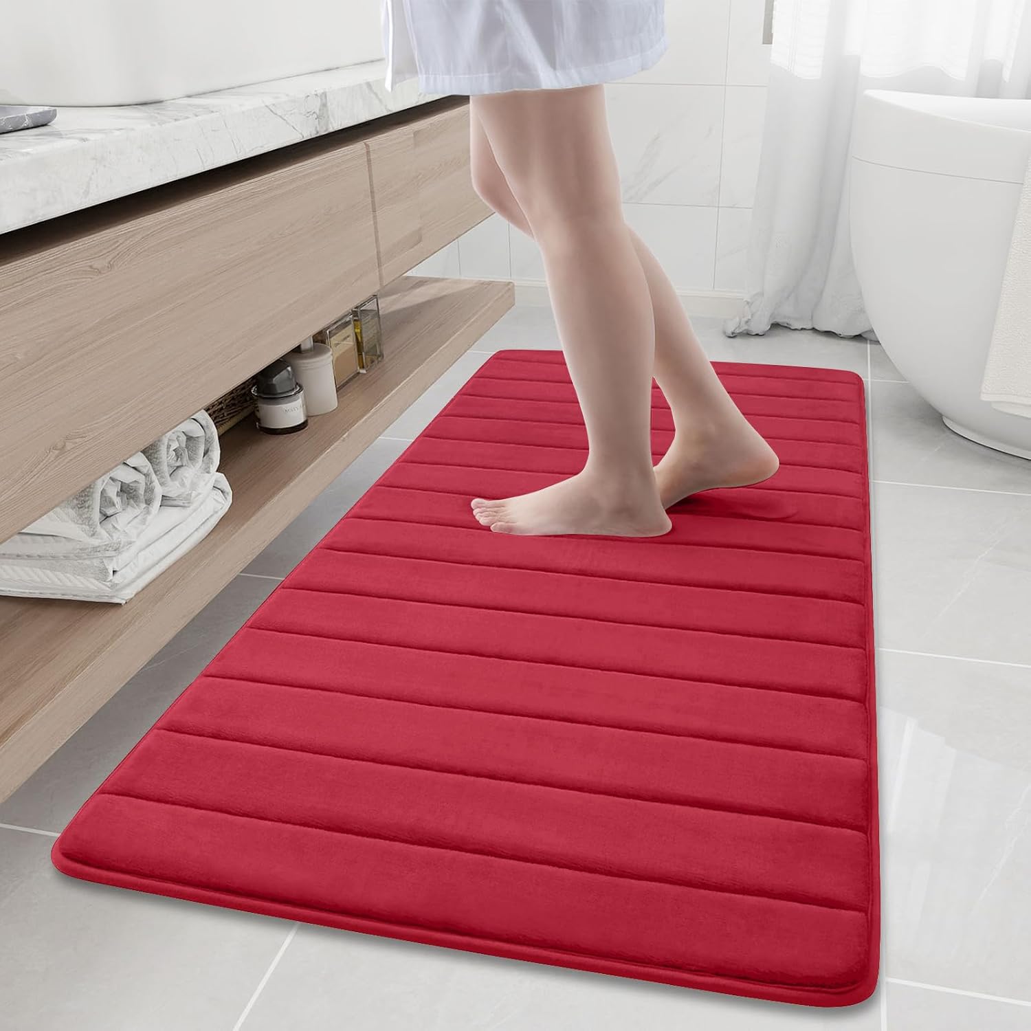 Buganda Memory Foam Bath Mat, 60" x 24", Ultra Soft and Non-Slip Bathroom Rugs, Water Absorbent and Machine Washable Bath Rug Runner for Bathroom, Shower, and Tub, Red