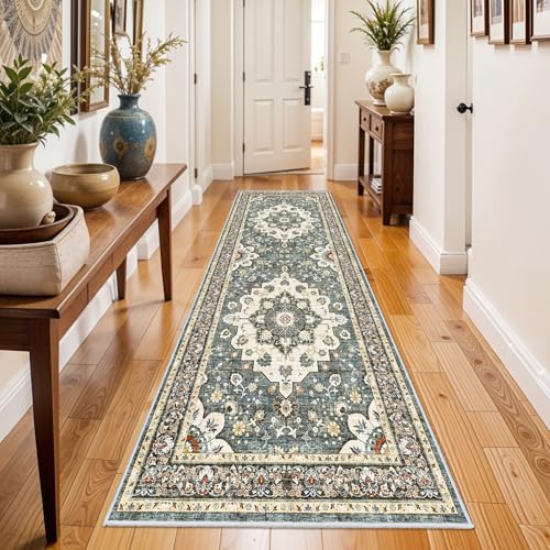 Washable Oriental Hallway Runner Rug - 3x8 Rugs for Living Room Soft Carpet for Bedroom Kitchen Waterproof Floral Distressed Indoor Stain Resistant Non-Shedding Floor Carpets (Blue, 3X8)