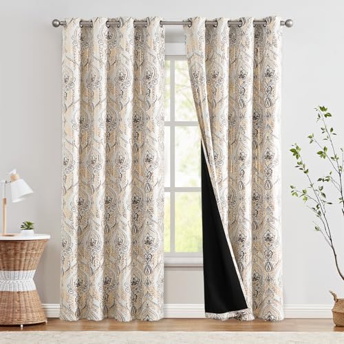 jinchan Blackout Curtains 84 Inches Long Golden Foil Damask Medallion Window Curtains for Bedroom Grommet Thermal Insulated Drapes for Living Room Vintage Luxury Window Treatments Set 2 Panels