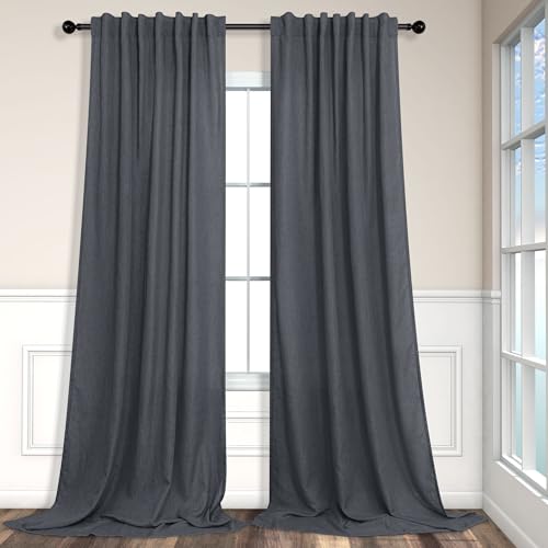 Dark Gray Curtains 108 Inches Long 2 Panels Set for Patio Door 2 Panels Rod Pocket Semi Sheer Linen Lightweight Drapes Charcoal Grey Cotton Textured 9ft Curtain for Dining Room Bedroom Playroom 52x108