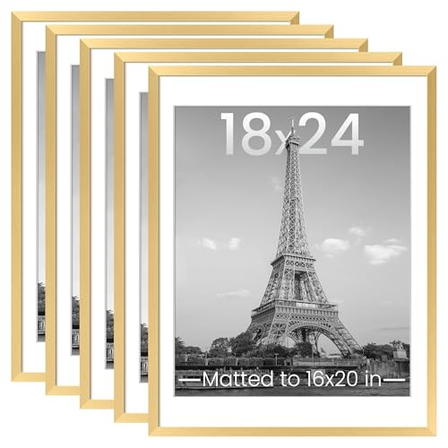 upsimples 18x24 Picture Frame Set of 5, Display Pictures 16x20 with Mat or 18 x 24 Without, Wall Gallery Poster Frames, Gold