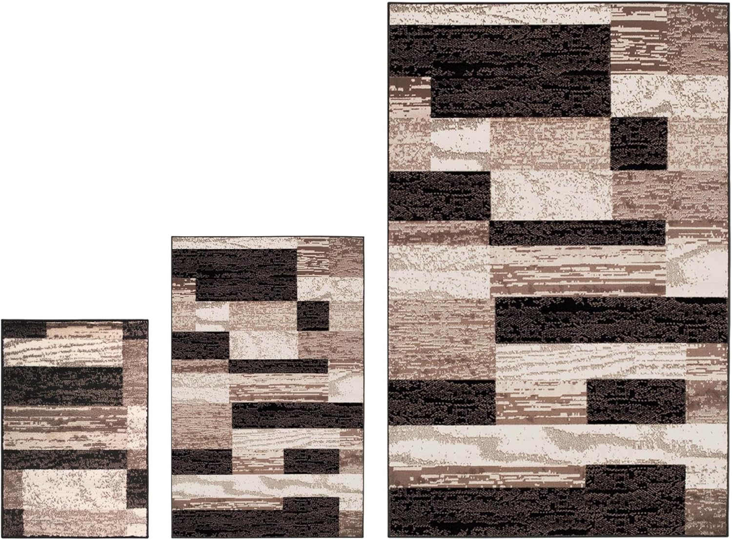 Superior Rockwood 3 Piece Indoor Area Rug Set, Jute Backing, Modern Color Block Decor For Hallway, Entry, Office, Kitchen, Bedroom, Living Room Floors, Plush Rugs, 2' x 3', 3' x 5', 5' x 8', Chocolate