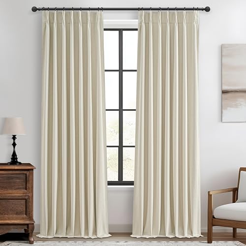 Pinch Pleat Cream Linen 102 Inch Long Curtains for Dining Room 2 Panels Set, Neutral Blackout Viral Curtain with Hooks Rings Back Tab for Office/Sunroom Privacy Thermal Drapes 40" W x 102" L