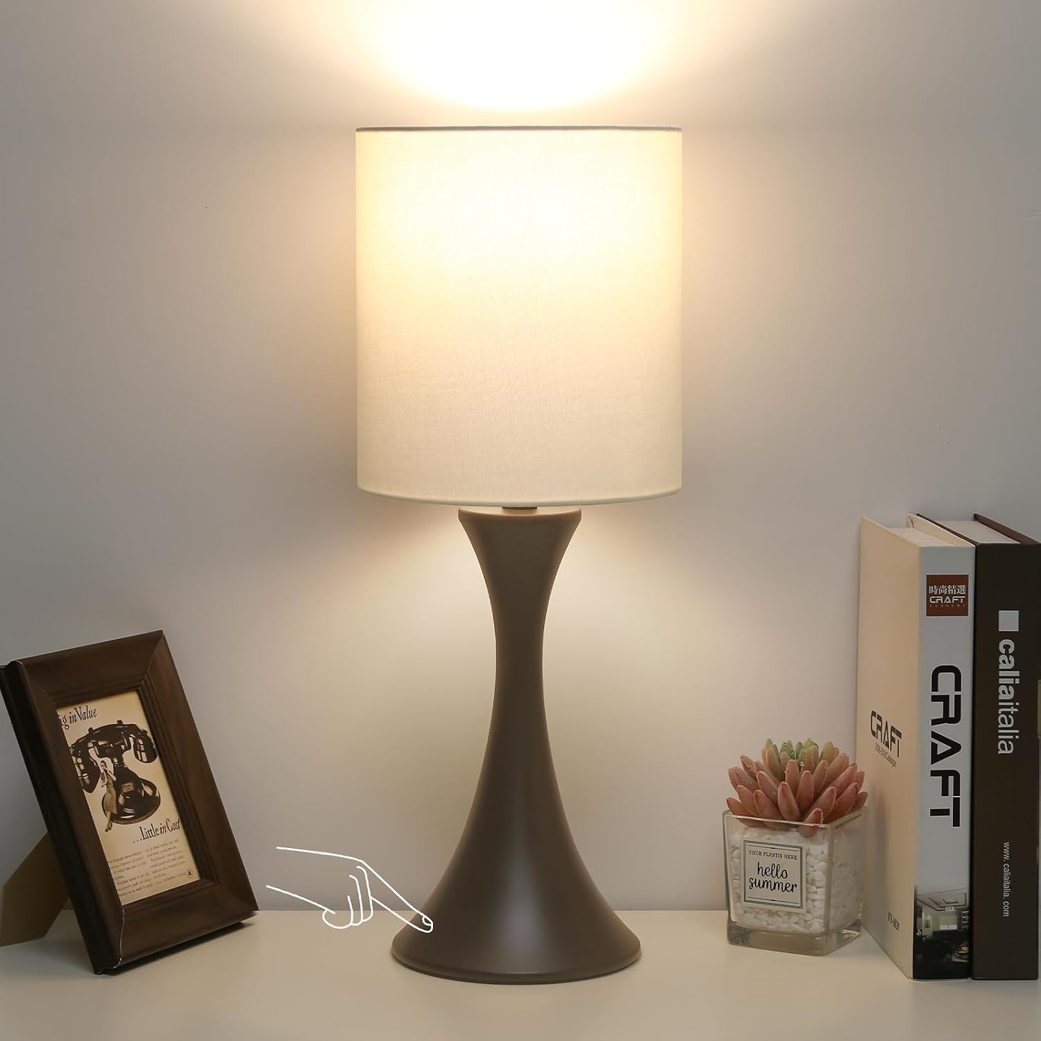 3 Way Touch Control Table Lamp, Modern Bedside Lamp Dimmable Nightstand Lamp with Beige Shade and Dark Brown Base, Small Desk Lamp for Living Room, Dorm, Home Office, 9W LED Bulb Included