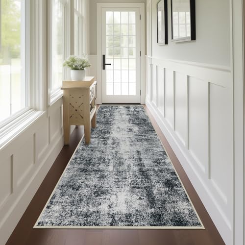 Capslpad 2x8 Black Abstract Hallway Runner, Ultra Soft Fabric Washable Runner Rug, Non-Slip Rubber Backing, Stain Resistant Low Pile Runners for Hallways, Kitchen, Entryway, Bedroom, Laundry
