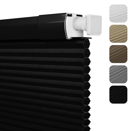 No Drill No Tools Blackout Cellular Shades Easy to Install for Indoor Windows Cordless Honeycomb Blinds Thermal Insulated Noise Reduction,Black,38" W x 64" H