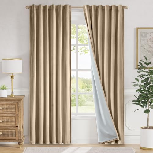 Lazzzy Cream Blackout Velvet Curtains 84 Inch Long Thermal Insulated Room Darkening Curtain Drapes Luxury Back Tab Window Treatments for Bedroom Living Room 2 Panels, 52 x 84 Inch, Latte