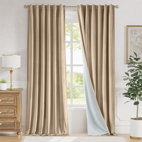 Lazzzy Cream Velvet Curtains 108 Inches Long Blackout Thermal Insulated Room Darkening Lined Curtain Drapes Back Tab Window Treatments for Bedroom Living Room 2 Panels,52 x 108 Inch, Latte