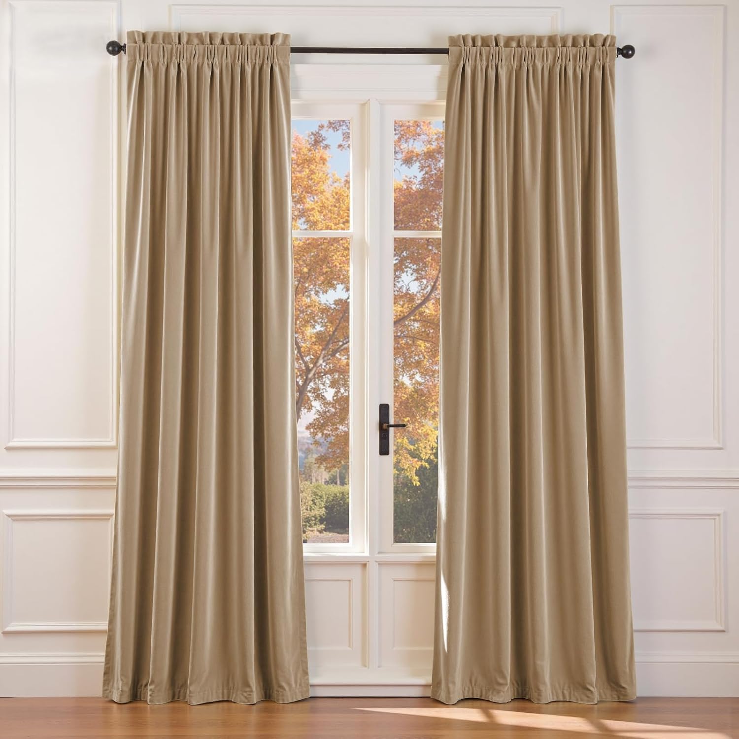 Lazzzy Cream Velvet Blackout Curtains 90 Inches Long Thermal Insulated Room Darkening Curtain Drapes Luxury Back Tab Window Treatments for Bedroom Living Room 2 Panels, 52 x 90 Inch, Latte