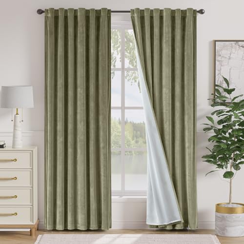 Lazzzy Green Velvet Blackout Curtains 90 Inches Long Thermal Insulated Room Darkening Lined Curtain Drapes Luxury Back Tab Window Treatments for Bedroom Living Room 2 Panels, 52 x 90 Inch, Olive Sage