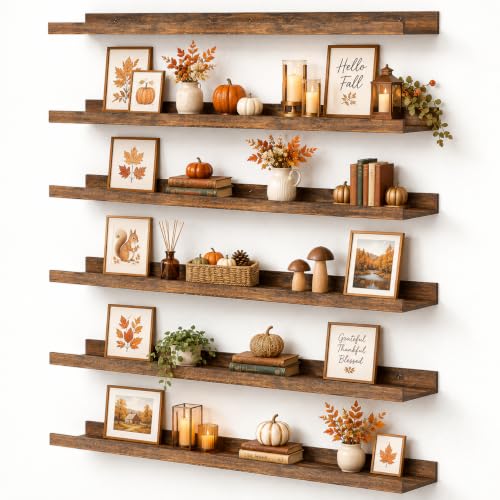 upsimples Floating Shelves for Wall, Wall Shelves for Decor Storage Set of 6, Wall Mounted Wood Shelf for Bedroom, Living Room, Bathroom, Kitchen, 35.5 inch Long Picture Ledge Shelf, Brown