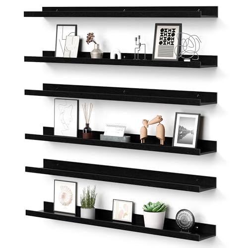 upsimples Floating Shelves for Wall, Wall Shelves for Decor Storage Set of 6, Wall Mounted Wood Shelf for Bedroom, Living Room, Bathroom, Kitchen, 35.5 inch Long Picture Ledge Shelf, Black