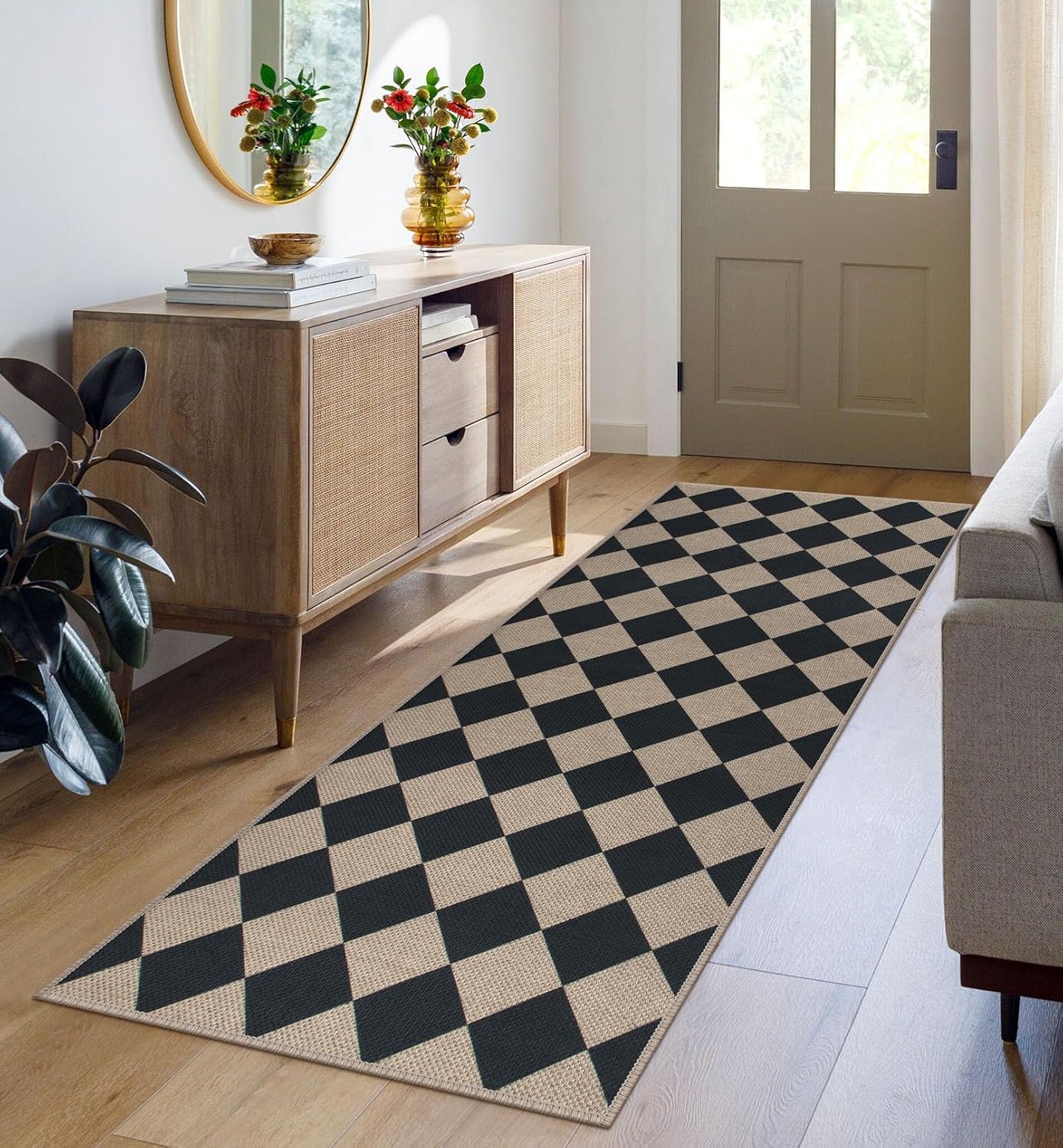 Easy Jute Checkered Runner Rug, 2x6 Black