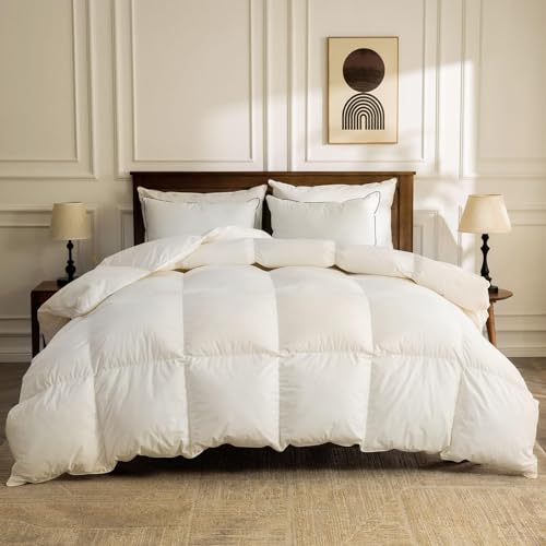 BPC Lightweight Organic Feather Down Comforter Full Size, Hotel Luxury Duvet Insert with 100% Cotton Cover and Puffy Feather Down Filling, for Summer/Hot Sleepers, Ivory White, 82x86 Inches