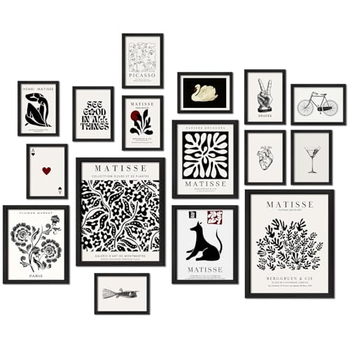 16 PCS Framed Black and White Wall Art Decor, Matisse Abstract Wall Prints for Bedroom, Gallery Wall Frame Set, Minimalist Posters for Living Room Aesthetic, Collage Kit, Dorm Home Artwork