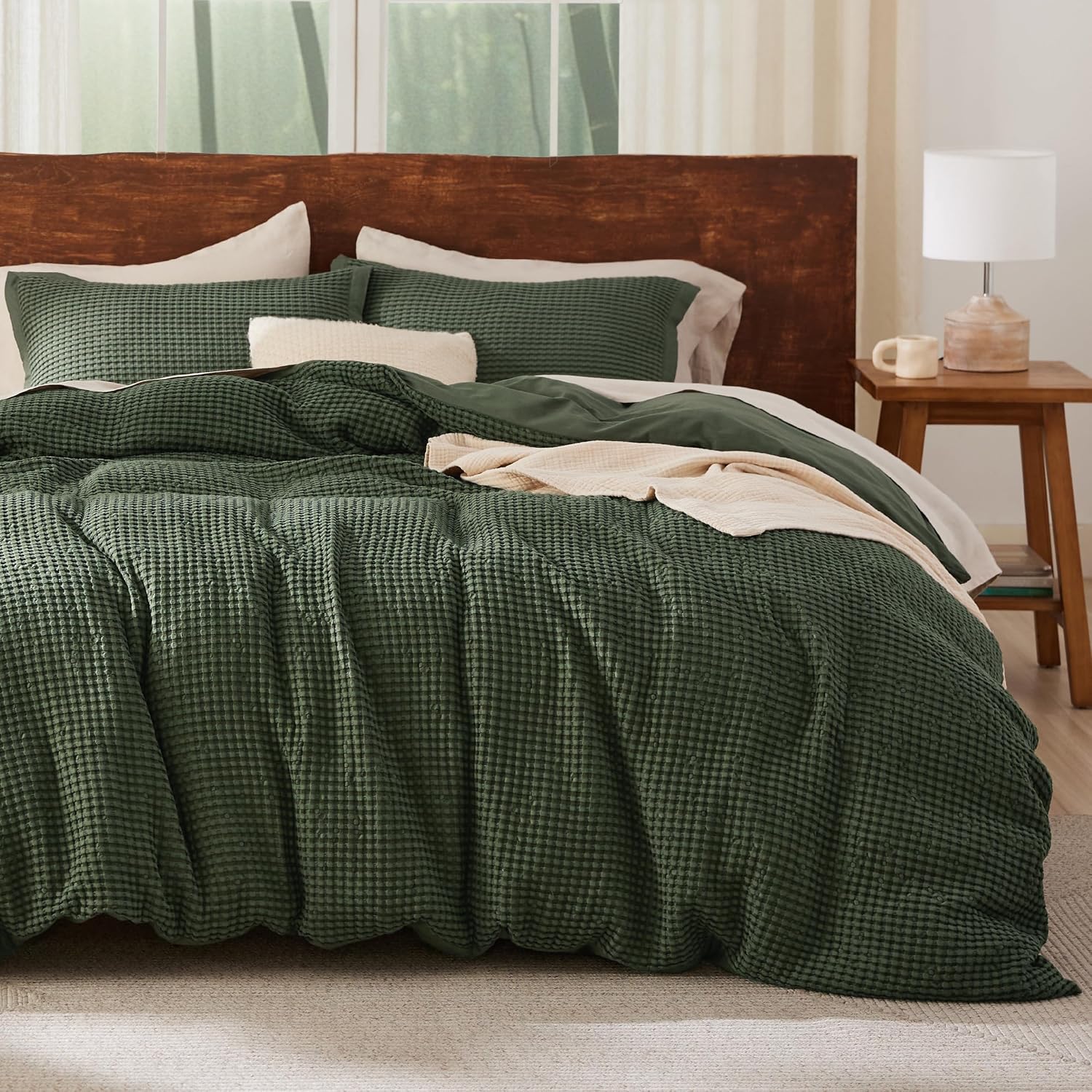 Bedsure Waffle Duvet Cover Queen - Moisture-Wicking Cotton Blend Rayon Derived from Bamboo Duvet Cover Set for Hot Sleepers, Cooling Bedding Set with a Vintage Charm, 3 Pieces (Olive Green, 90"x90")