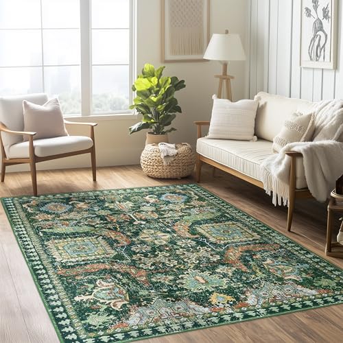 4x6 ft Washable Area Rug, Non-Slip Indoor, Green Boho Design