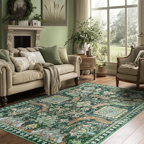 LAISE 5x7 ft Green Washable Area Rug, Non-Slip Soft Boho