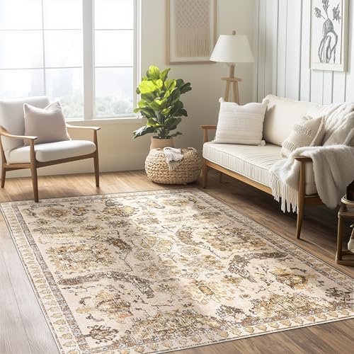 4x6 ft Washable Area Rug, Non-Slip Indoor/Outdoor, Beige & Yellow Boho
