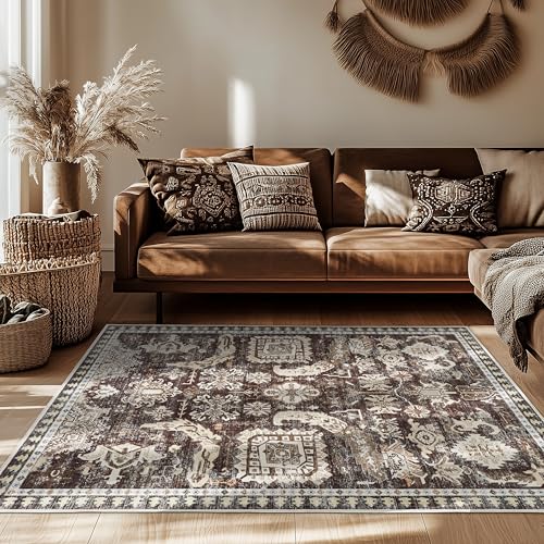 4x6 ft Washable Area Rug, Non-Slip Indoor/Outdoor, Brown Boho Design