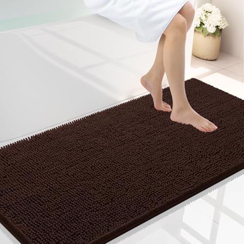 Smiry Luxury Chenille Bathroom Rugs 45x27, Extra Soft and Absorbent Shaggy Bath Mat, Machine Washable, Non-Slip Plush Carpet Runner for Tub, Shower, and Floor, Home Decor Accessories, Brown