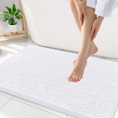 Smiry Luxury Chenille Bathroom Rugs 34x21, Extra Soft and Absorbent Shaggy Bath Mat, Machine Washable, Non-Slip Plush Carpet Runner for Tub, Shower, and Floor, Home Decor Accessories, White