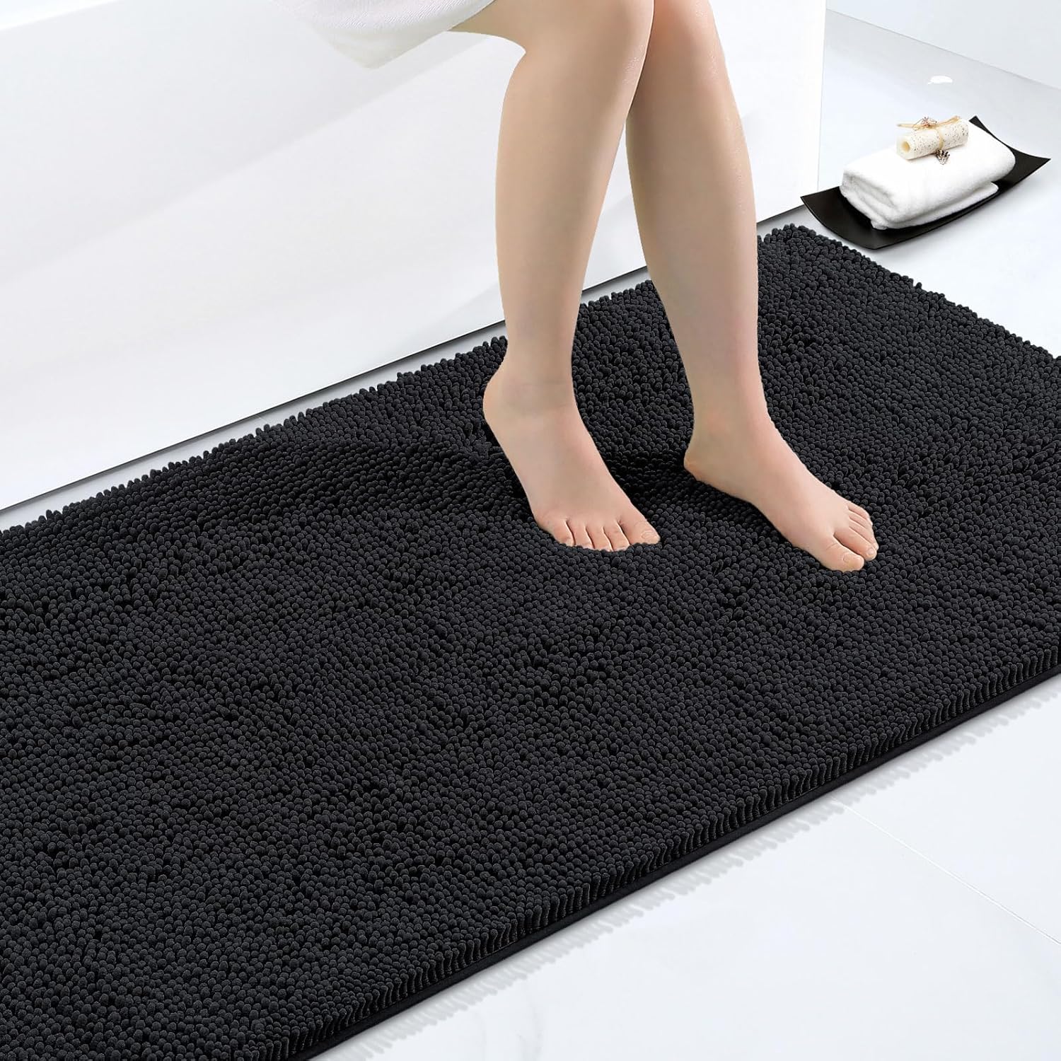 Smiry Luxury Chenille Bathroom Rugs 45x27, Extra Soft and Absorbent Shaggy Bath Mat, Machine Washable, Non-Slip Plush Carpet Runner for Tub, Shower, and Floor, Home Decor Accessories, Black