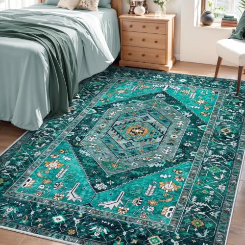 SERISSA Bedroom Rug 4x6 Teal Boho Rug, Vintage Washable Area Rugs Non Slip, Ultra Soft Print Distressed Tribal Entry Rug Low-Pile Throw Carpet for Nursery Dorm Kitchen Living Room Decor