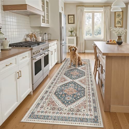Madane Runner Rug 2'6''x8' Kitchen Runner, Hallway Runner Printed Vintage Washable Rugs Soft Non-Slip Low Pile 2.5x8 ft Runners for Hallways Laundry Room Rug Distressed Rug, Navy Blue